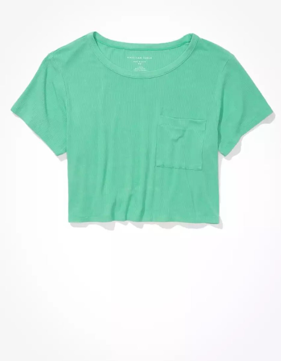 T Shirts American Eagle AE Cropped Soft & Sexy Pocket Tee Vert Femme | SKY-24731792